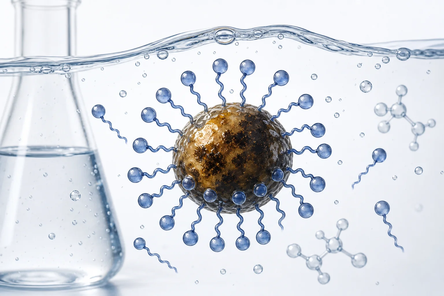 Soap molecules surrounding a drop of oil so it can mix with rinse water