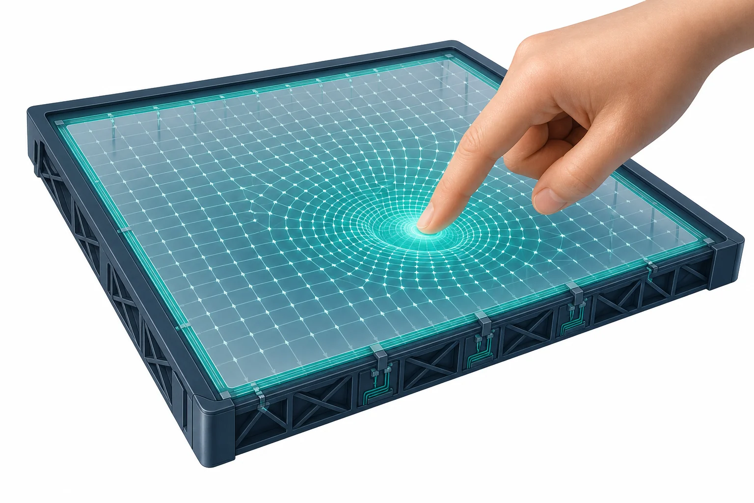 A finger touching a phone screen with an invisible grid of electric sensing points beneath the glass