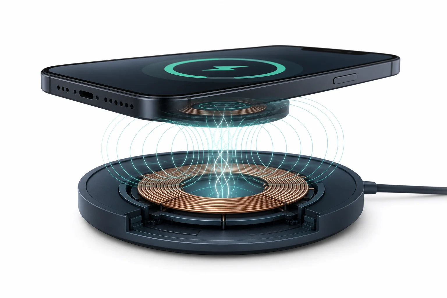 A phone sitting on a wireless charging pad with magnetic field lines linking a coil in the pad to a coil inside the phone.