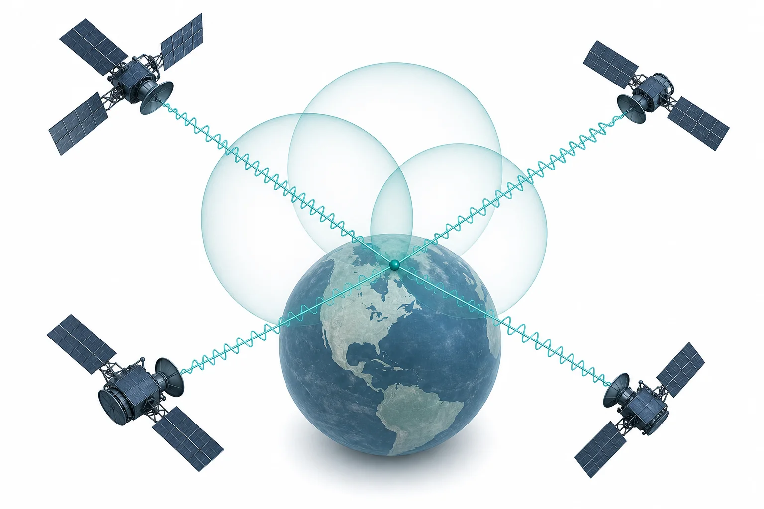 A phone on Earth receiving timing signals from several GPS satellites to determine its position.